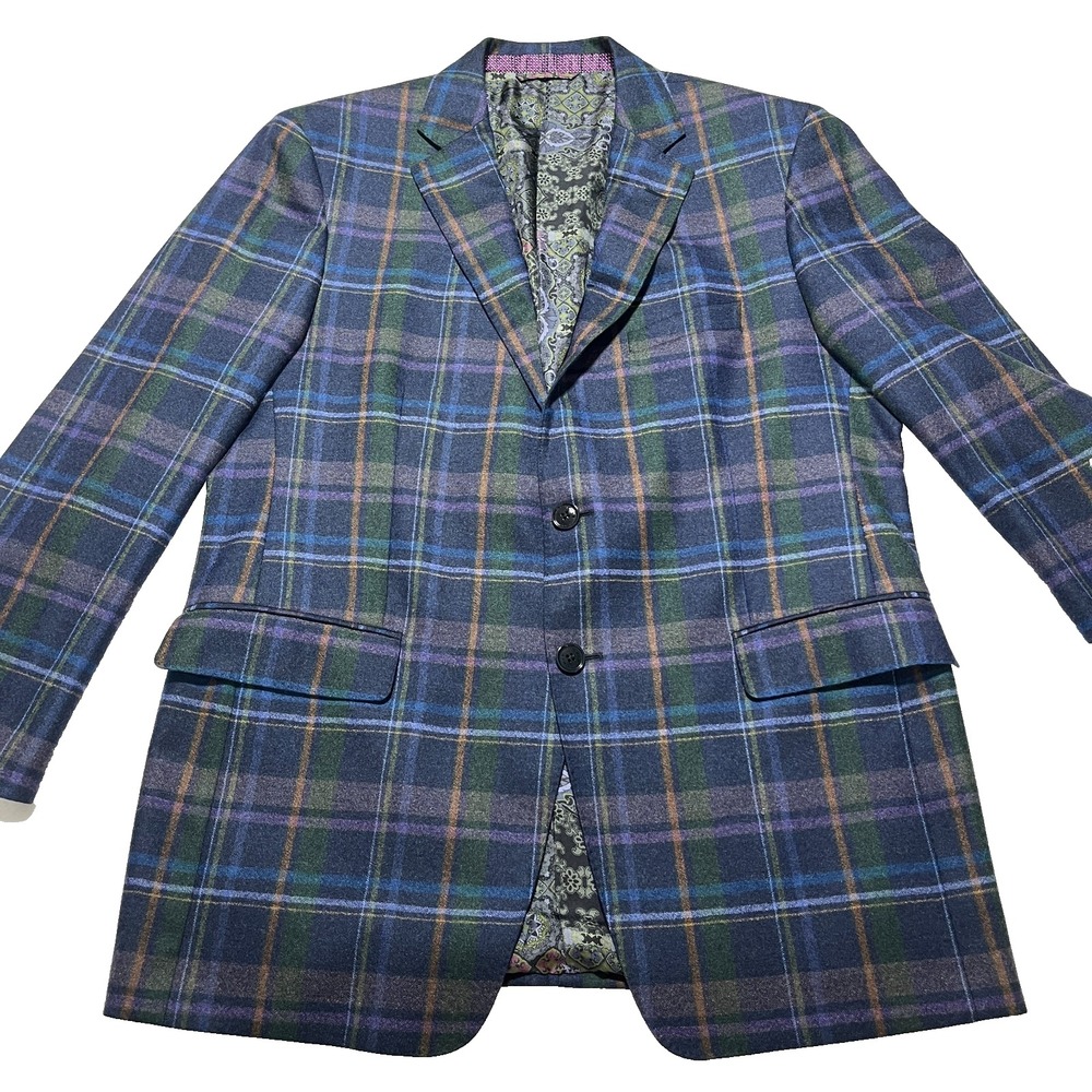 ETRO Mens IT 54 Plaid Wool Cashmere Blazer Sport Coat Silk Lined Italy **Read**